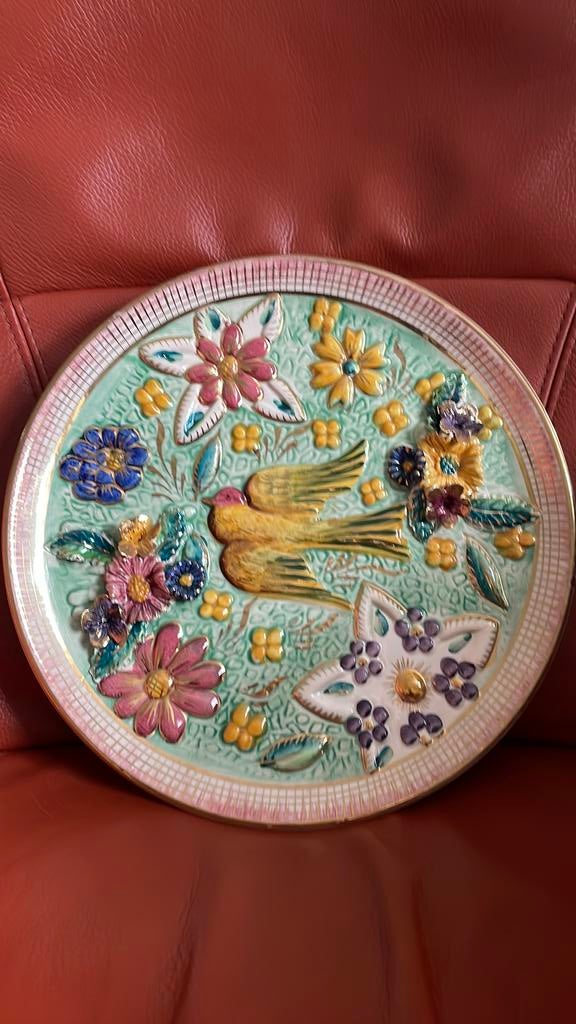 Vintage handbeschilderd wandbord H. Bequet, Ophalen, 33 cm, 33 cm, Steen/keramiek