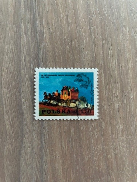 100 jaar UPU 1974 - Postkoets met UPU-embleem, Ophalen of Verzenden, Polen, Gestempeld