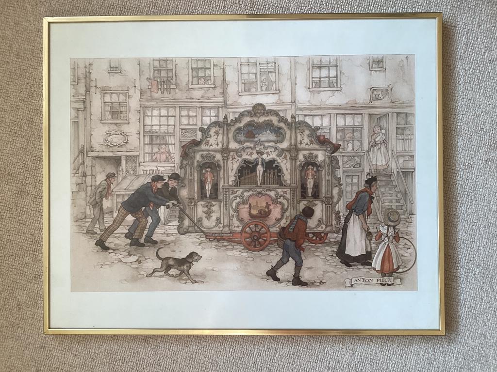 Anton Pieck Draaiorgel tafereel /// 50.5x40.5 cm, Antiek en Kunst, Ophalen of Verzenden
