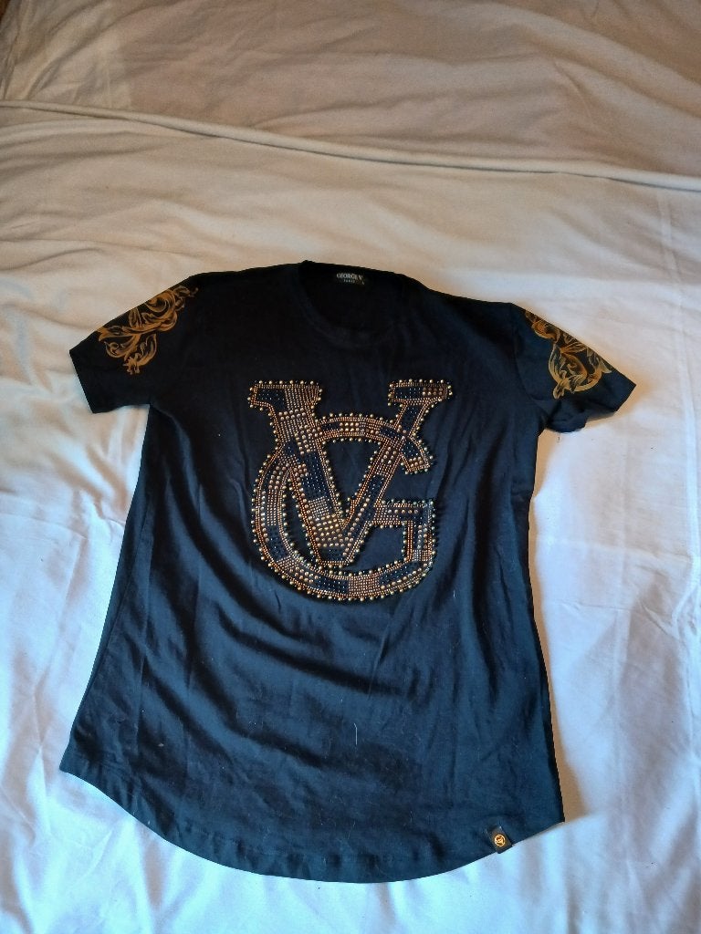 zwart t-shirt met gouden print Avenue George V Paris mt L, Maat 52/54 (L), Zwart, George V, Ophalen of Verzenden