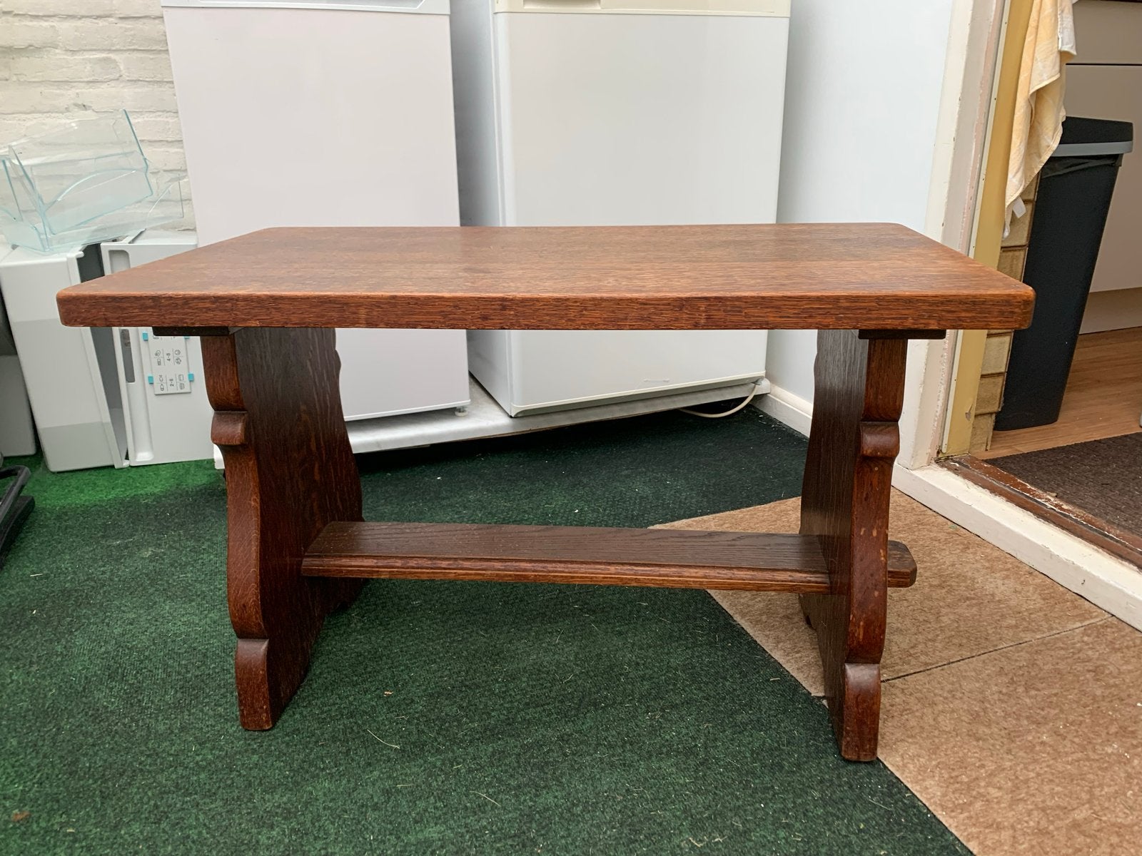 Vintage houten bijzettafel/bankje/kloostertafel, Gebruikt, 55 tot 75 cm, Rechthoekig, Hout