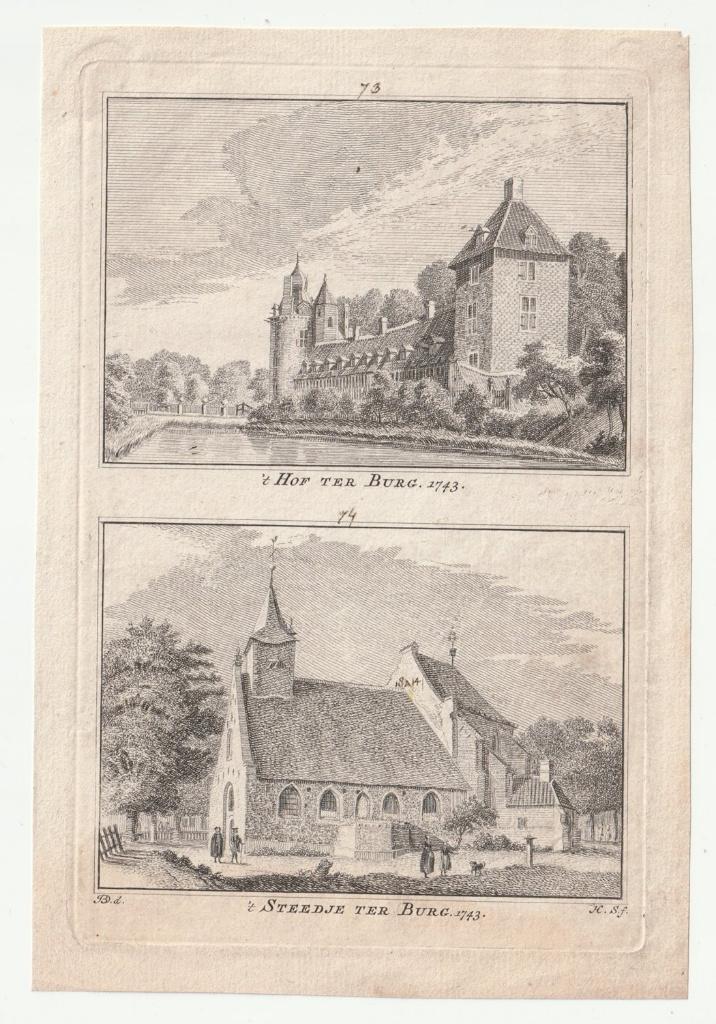 Ter Burg oude gravure gravure Spilman, Antiek en Kunst, Kunst | Etsen en Gravures, Verzenden, Gravure, Dubbele gravure, 1700 - 1799