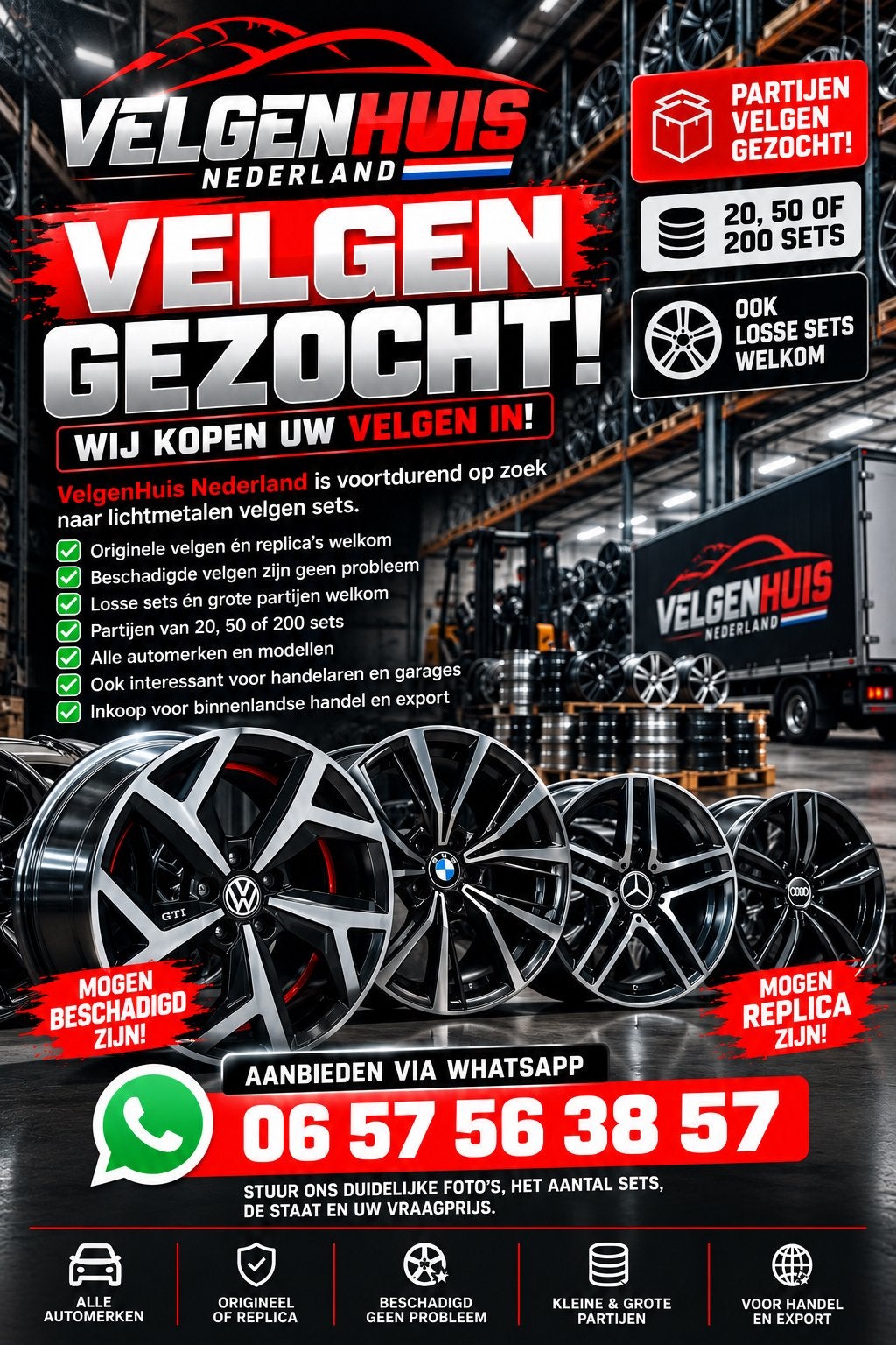 VELGEN GEZOCHT Wij kopen alle velgen in Partijen, Losse Sets, Gebruikt