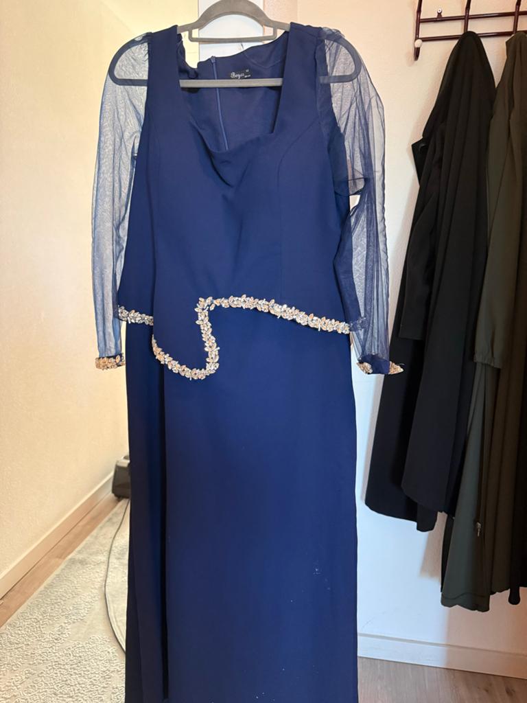 Elegante donkerblauwe avondjurk met tule mouwen, Kleding | Dames, Ophalen, Blauw, Maat 46/48 (XL) of groter, Zo goed als nieuw