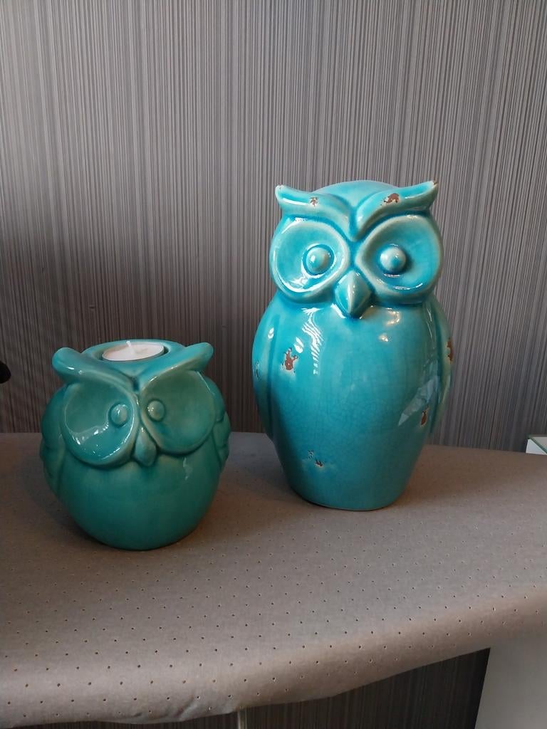 Stenen uilen blauw/groen, Blauw, Aardewerk of Porselein, Ophalen of Verzenden, Zo goed als nieuw