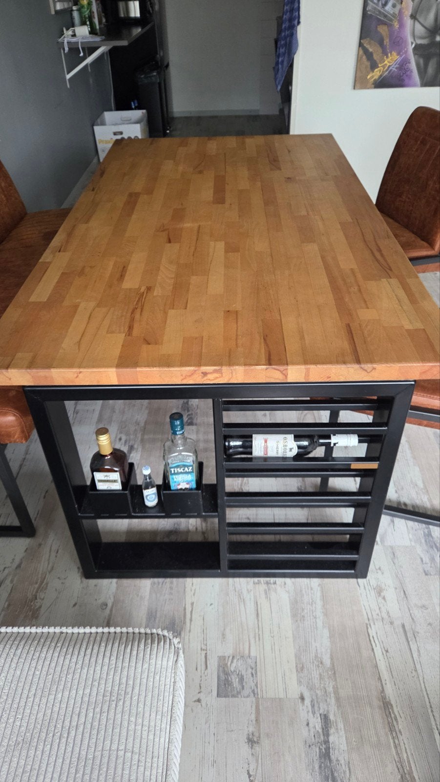 Eettafel met bank en twee stoelen - Industrieel design, Ophalen, Overige houtsoorten, Gebruikt, 100 tot 150 cm