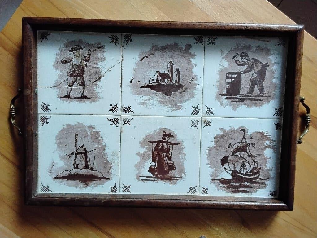 Antieke dienblad met koper handgrepen, Antiek en Kunst, Ophalen of Verzenden