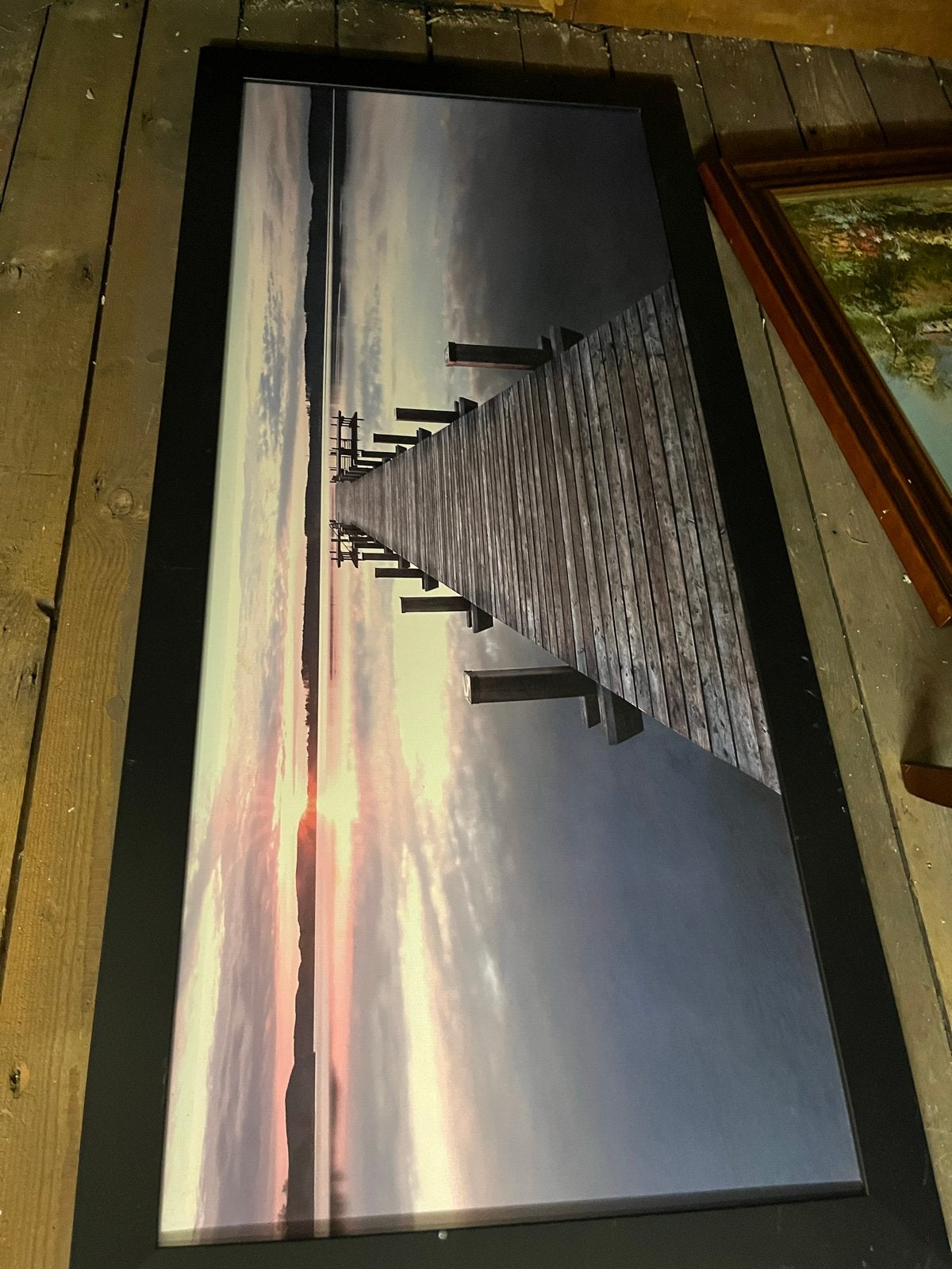 Grote ingelijste foto van zonsondergang met steiger, Ophalen, Gebruikt, 100 tot 125 cm, Foto of Poster