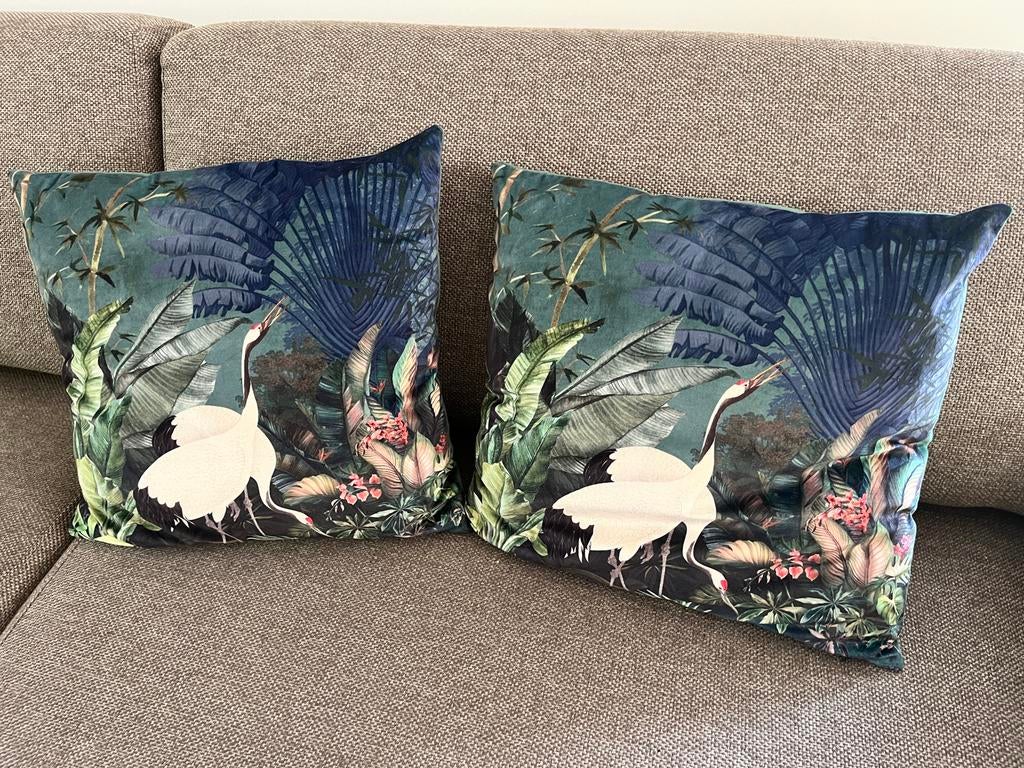 Set van 2 kussens 43x43 cm met kraanvogel print, Huis en Inrichting, Ophalen, Nieuw, Groen, Vierkant