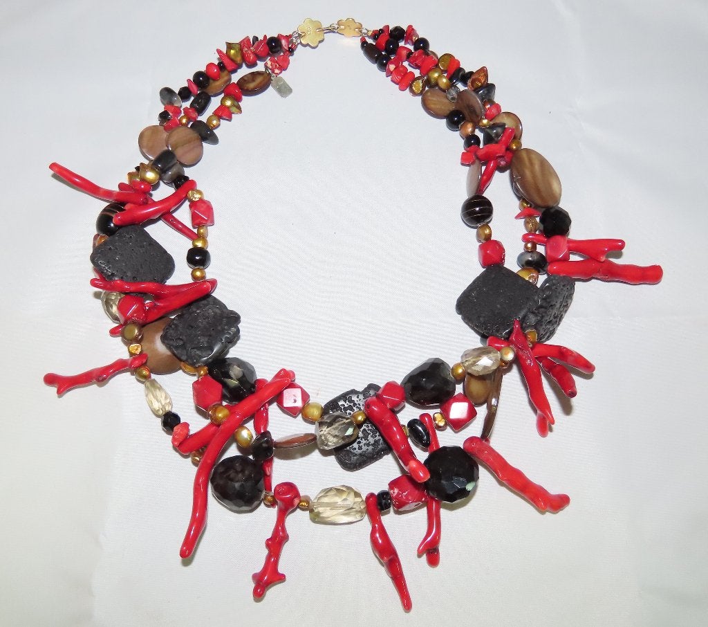 Ketting, koraal, parels, git, rookkwarts, agaath, lavasteen, Verzenden, Zo goed als nieuw, Steen of Mineraal, Met edelsteen