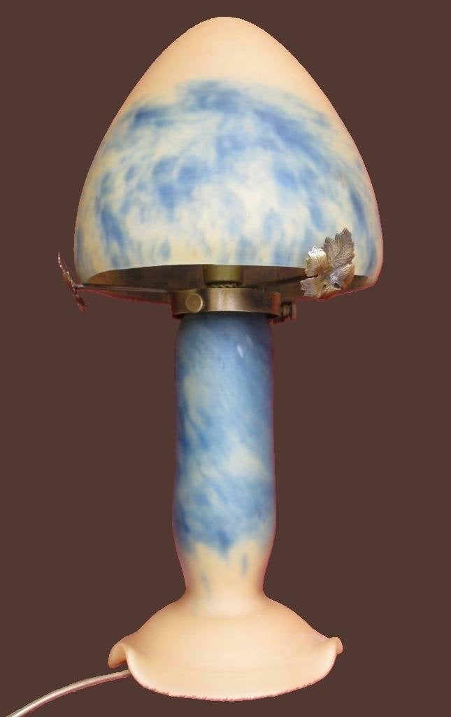 Vintage pate de verre paddenstoel lamp, Blauw, Ophalen, Vintage