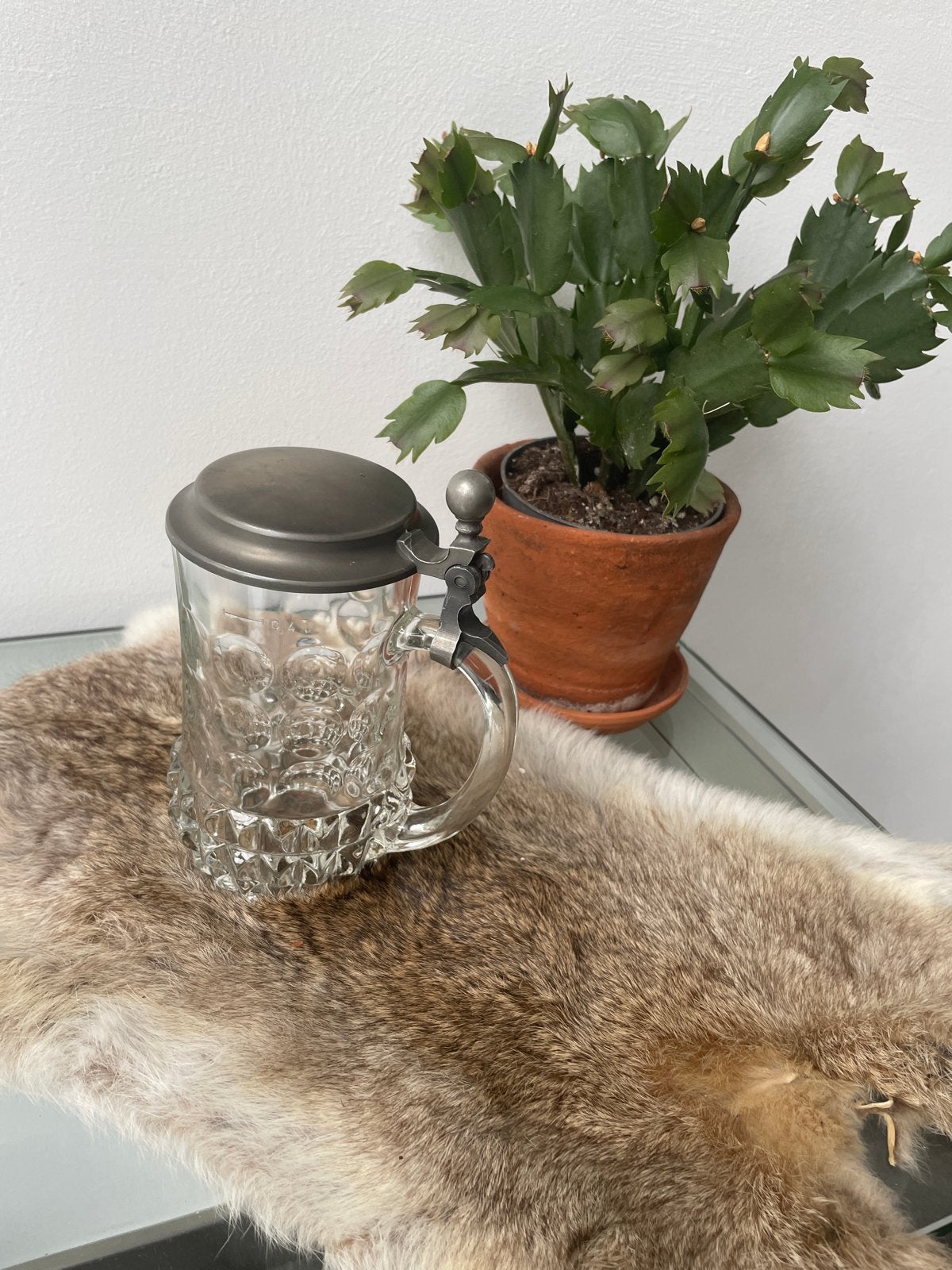 Vintage Glazen Bierpul met Metalen Deksel - 0.4L, Ophalen of Verzenden
