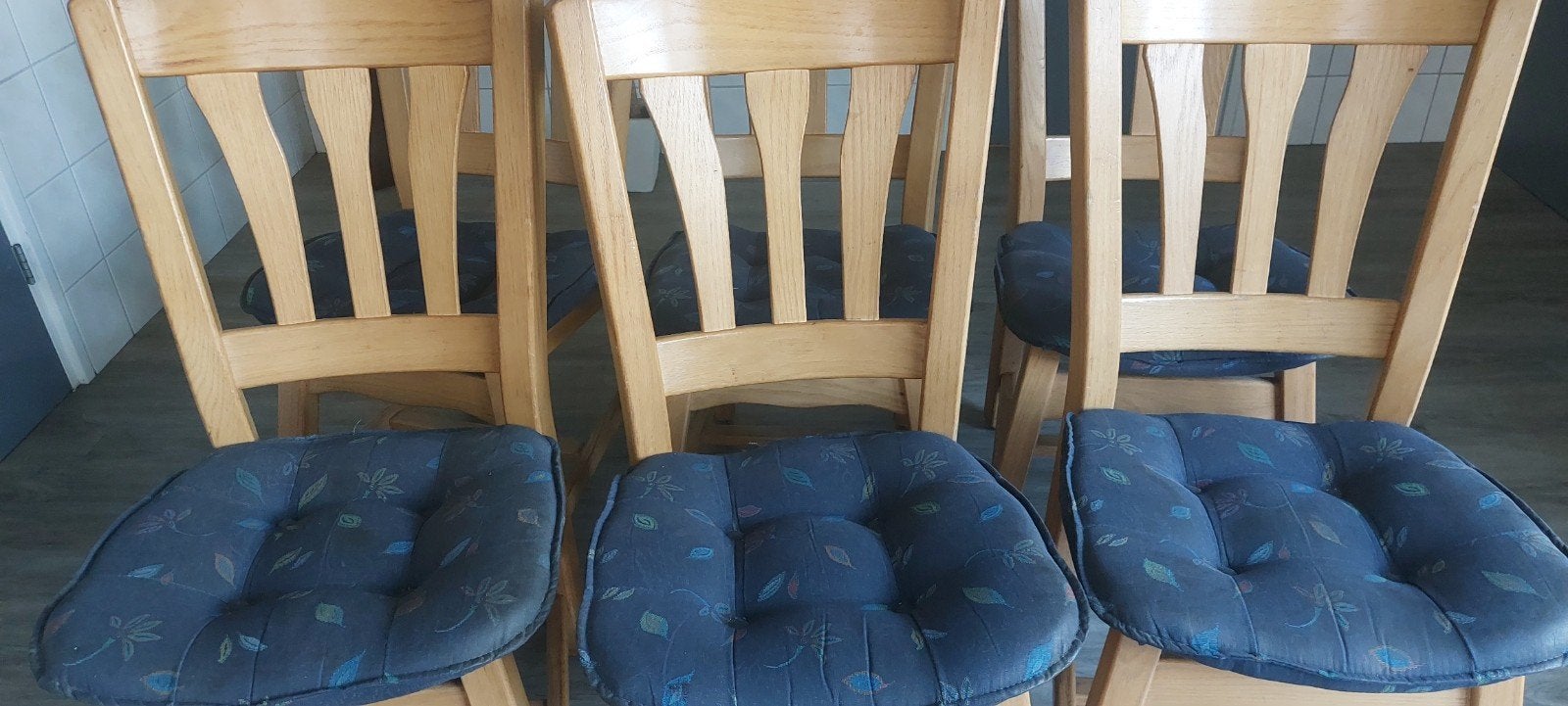 6 Eiken Stoelen met Blauw Bewerkt Zitvlak, Ophalen of Verzenden