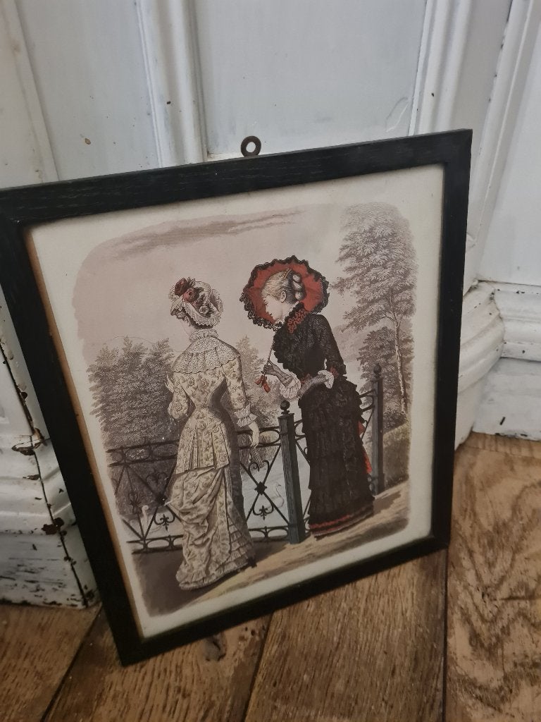 Vintage lijst met mode prent, Hangend, Overige typen, 25 cm, Ophalen of Verzenden
