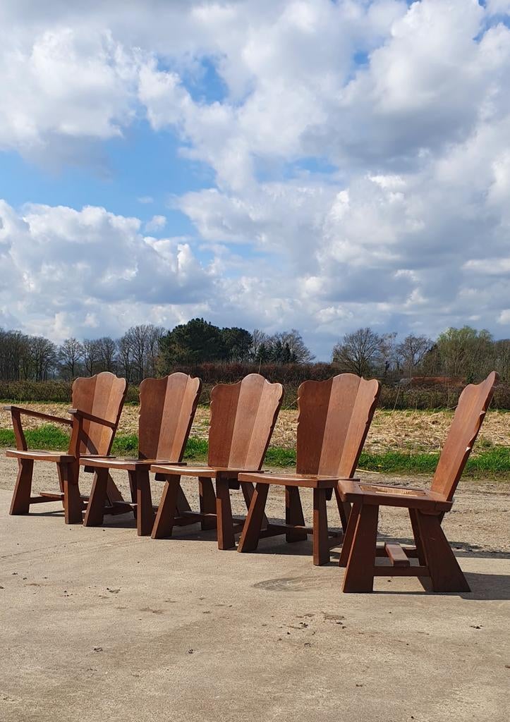 Set 5 oud hollands eiken biezen stoelen laag, Ophalen, Bruin, Hout, Zo goed als nieuw