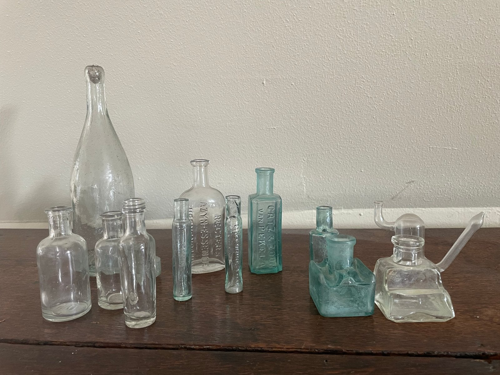Diverse antieke glazen flessen, inktpotten rn vogeldrinkers, Antiek en Kunst, Ophalen of Verzenden