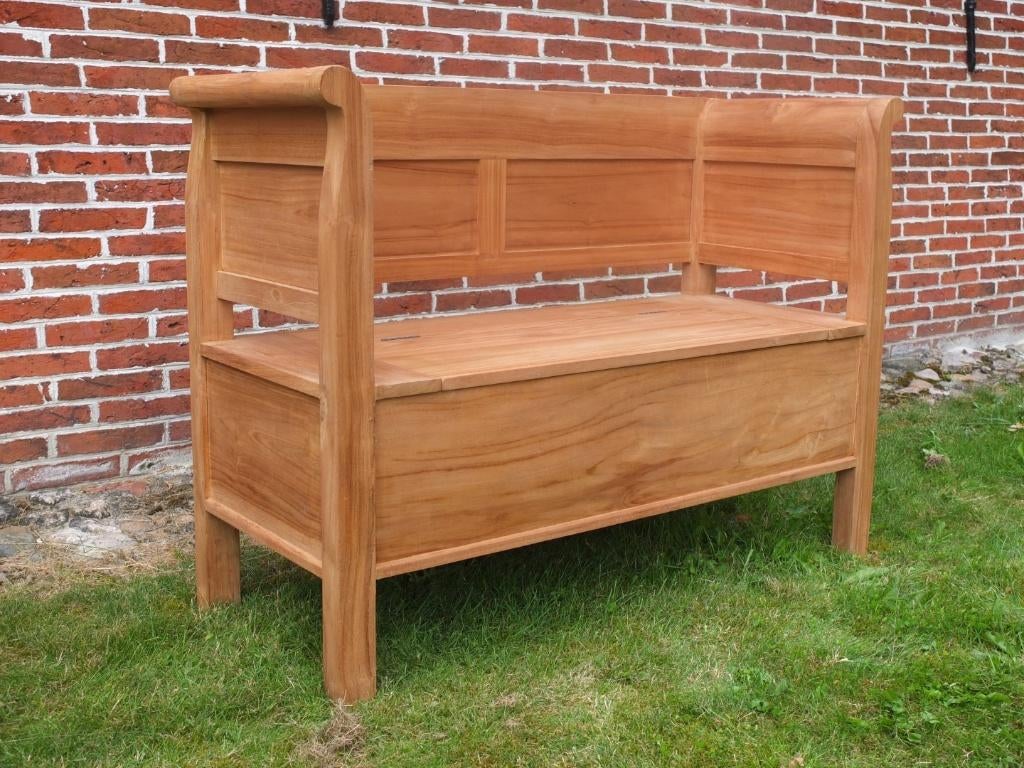 Strakke dichte teak klepbank met armleuning, Tuin en Terras, Tuinbanken, Verzenden, Nieuw, Teakhout