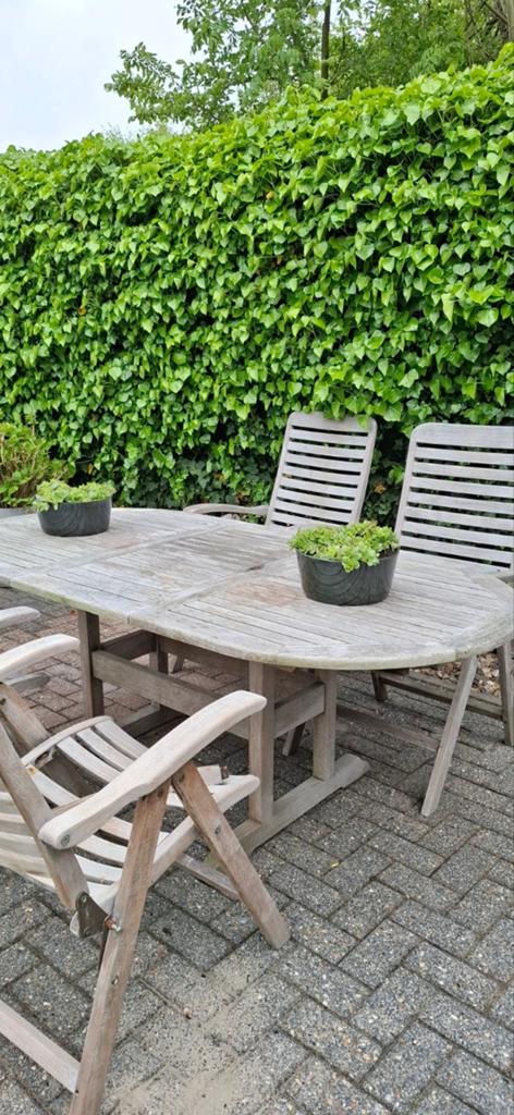Robuuste Teakhouten Tuinset - Ovaal met 4 Stoelen, 4 zitplaatsen, Gebruikt, Teakhout, Ophalen of Verzenden
