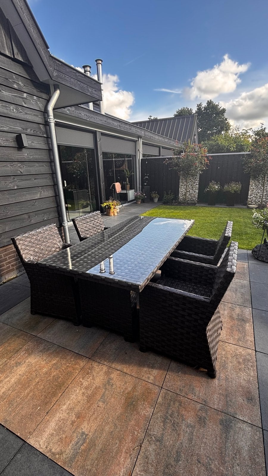 Wicker tuinset met glazen tafelblad - 180x90x75 cm, Tuin en Terras, Ophalen, 4 zitplaatsen, Gebruikt, Eettafel