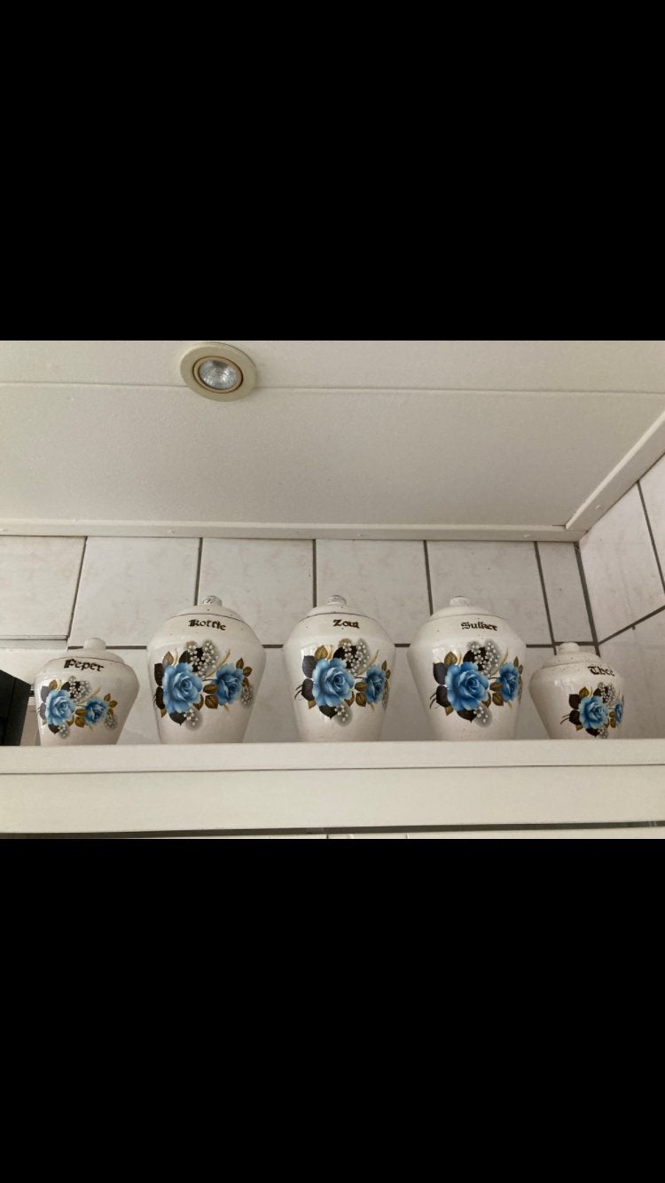 Vintage voorraadpotten met blauwe rozen - 5 stuks, Huis en Inrichting, Ophalen, Gebruikt, Keramiek, Overige typen