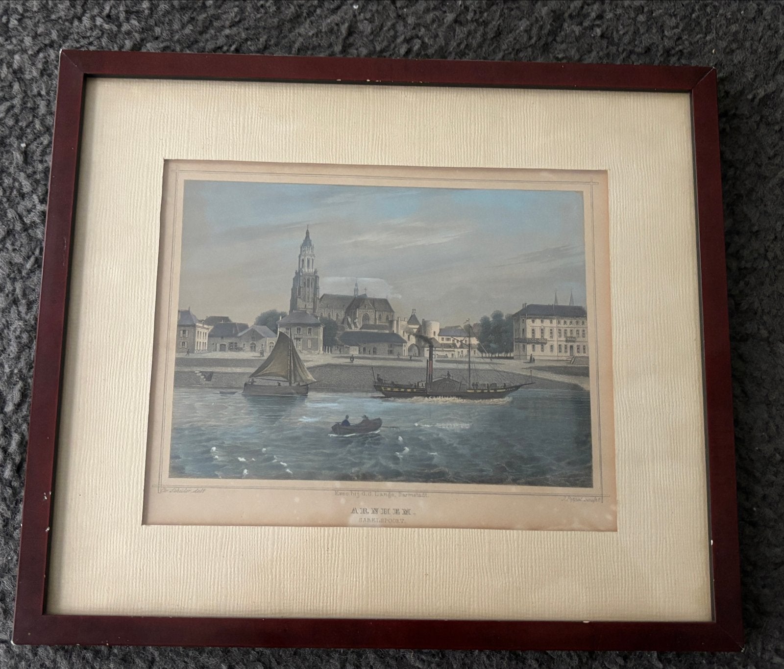 Antieke prent van Arnhem, Ophalen, Ingelijst, 1800 - 1899, Stadsgezicht