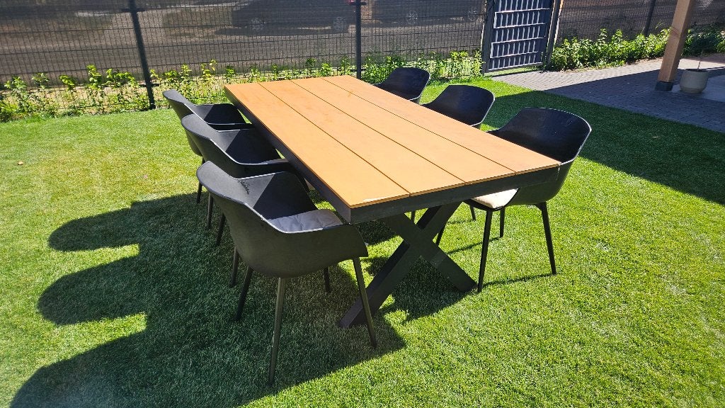Exterioo Bahia tuinset, zwart aluminium + 6 Paco stoelen, Ophalen, Gebruikt, 6 zitplaatsen, Aluminium