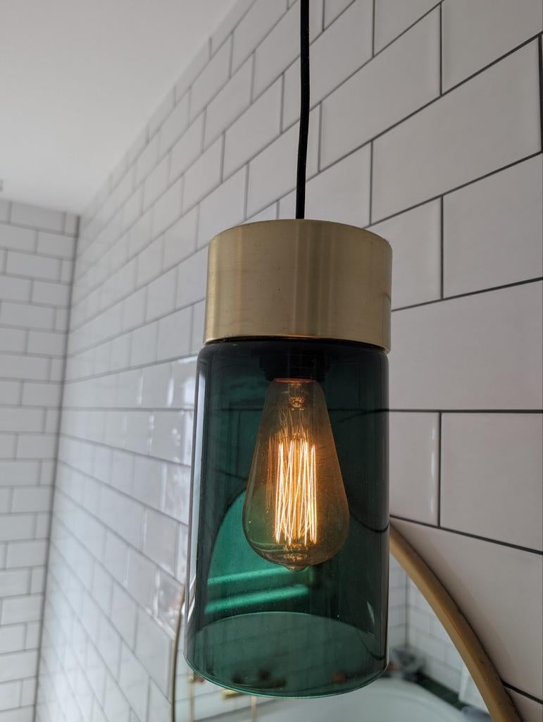 2x Hanglamp Goud Smaragd Groen - Eettafel, Keuken, Badkamer, Gebruikt, Modern, Industrieel, Art Deco, Ophalen of Verzenden, Glas