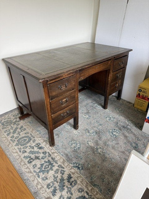 Antiek bureau met groen lederen blad, Ophalen, Demontabel, Gebruikt, Hout