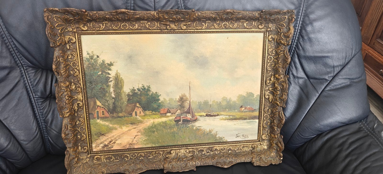 Schilderij Jan Biess - Hollands Landschap met Water en Boten, Ophalen, Handgeschilderd, Landschap, Doek