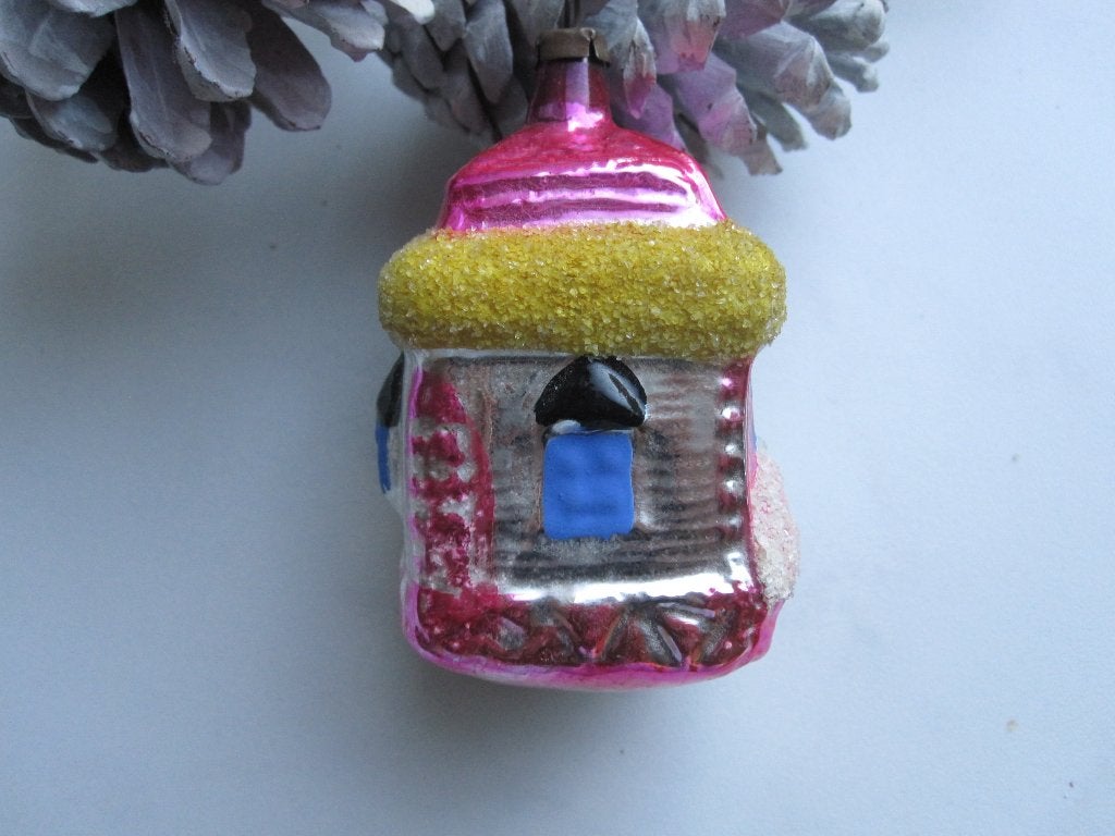 (34) Antieke vintage oude Kerstbal: huisje prieel theehuisje, Ophalen of Verzenden, Gebruikt