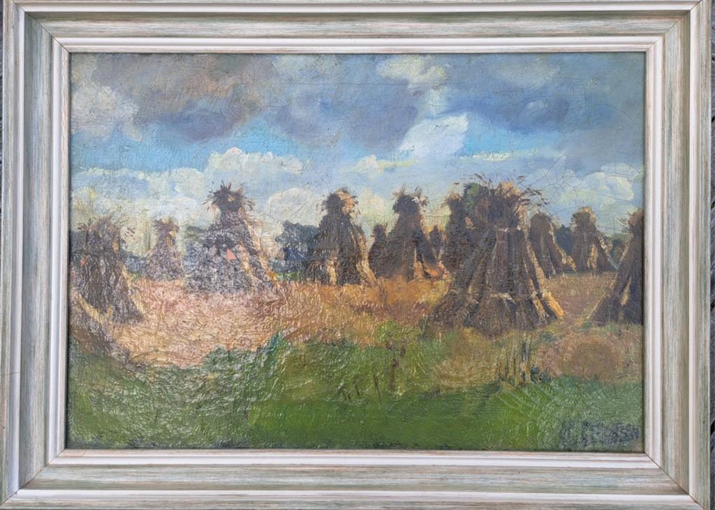 Oud schilderij met korenschoven, gesigneerd, Ophalen