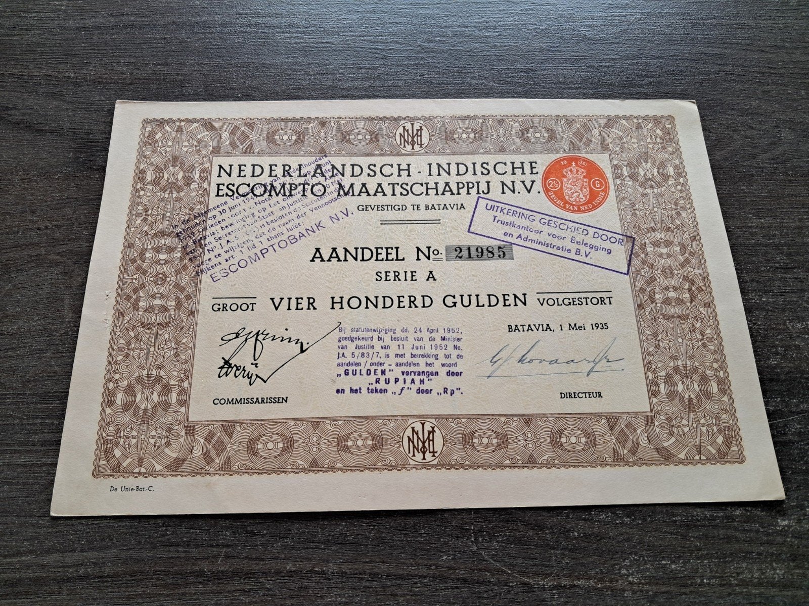 Oud aandeel Nederlandsch-Indische Escompto Maatschappij, Ophalen
