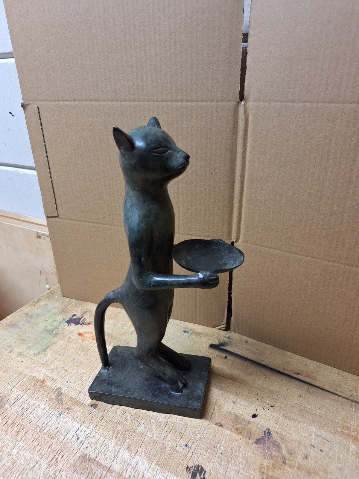 Bronzen Kat Beeldje met Schaal - Uniek Decoratiestuk Egypte, Ophalen of Verzenden