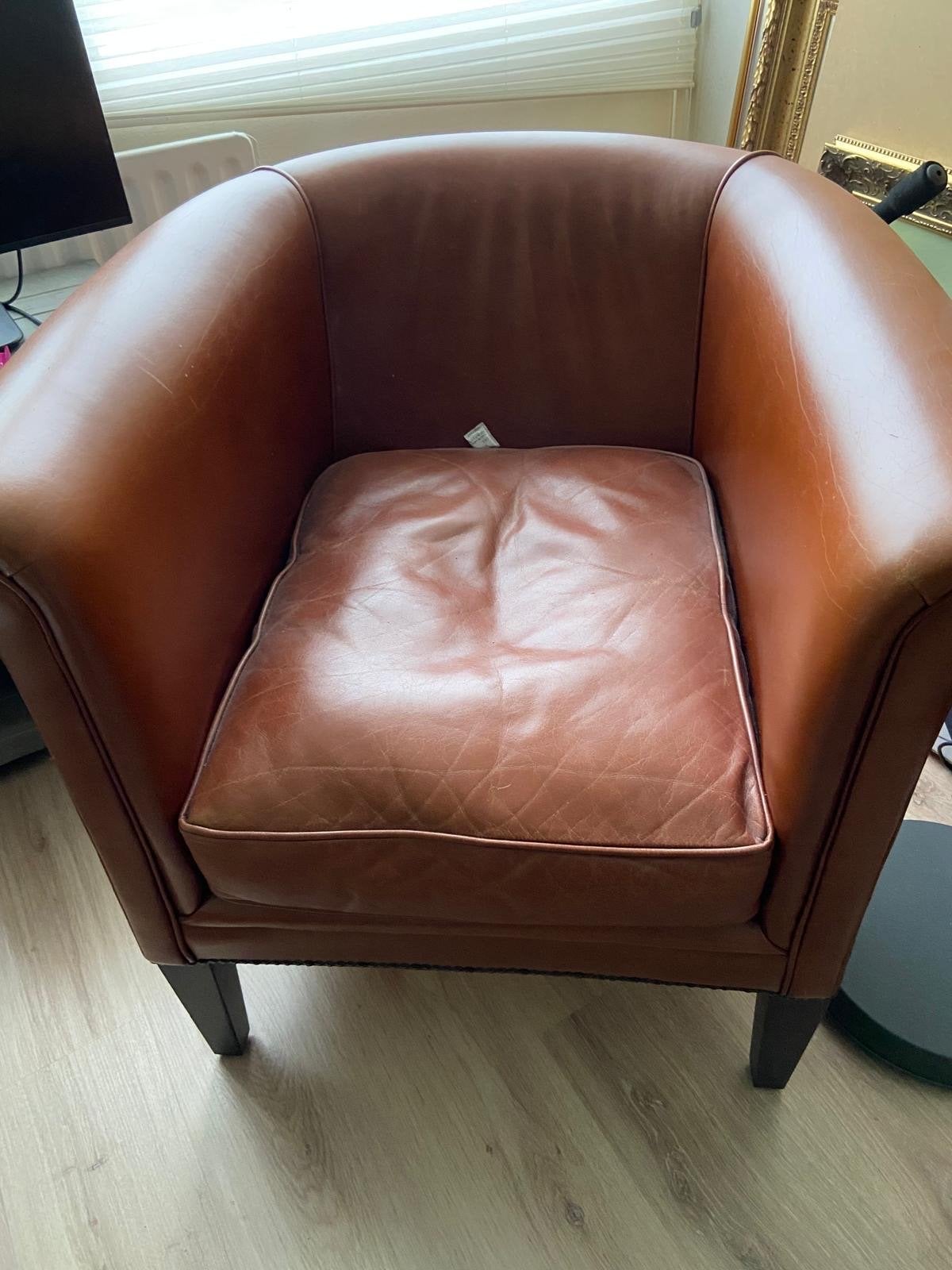 Leren fauteuil - Cognac bruin, Ophalen, Gebruikt, Leer, 75 tot 100 cm
