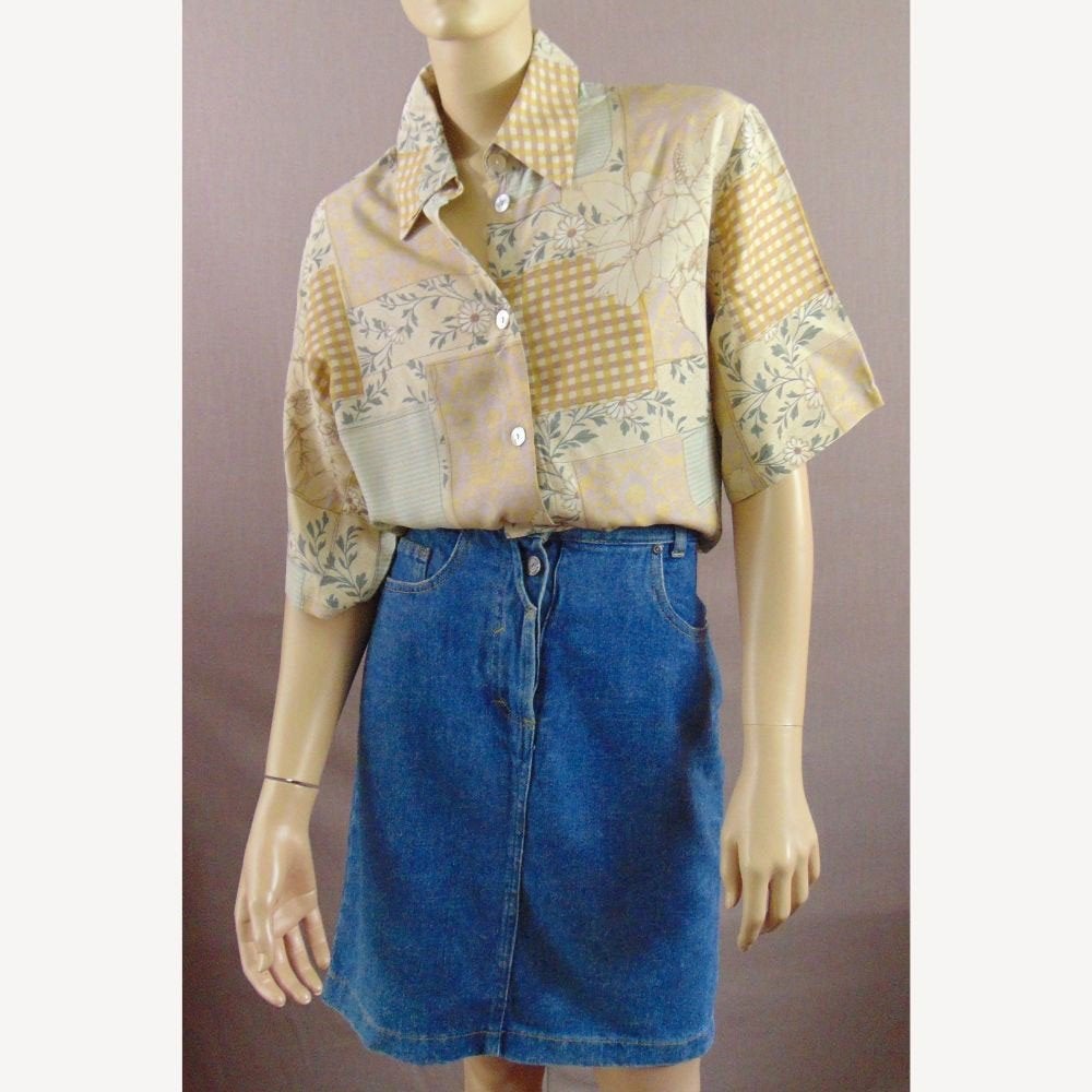 Vintage beige blouse met patchwork print maat 42, Verzenden, Beige, Maat 42/44 (L), Zo goed als nieuw