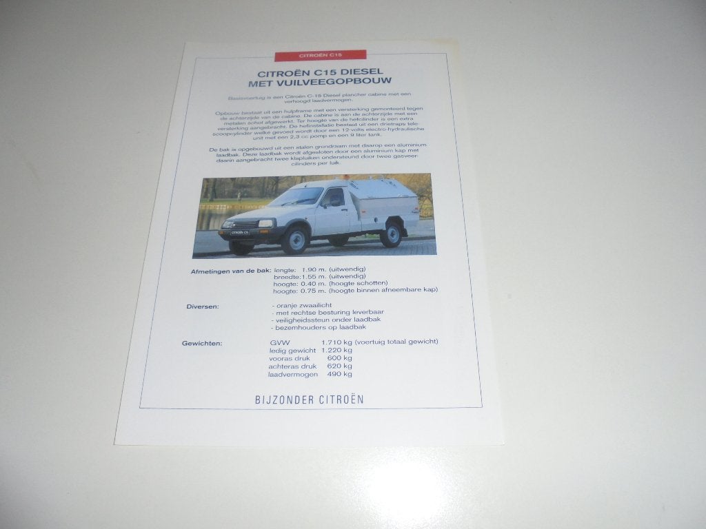 leaflet Citroen C15 Diesel vuilveegopbouw, Ophalen of Verzenden, Zo goed als nieuw, Citroën