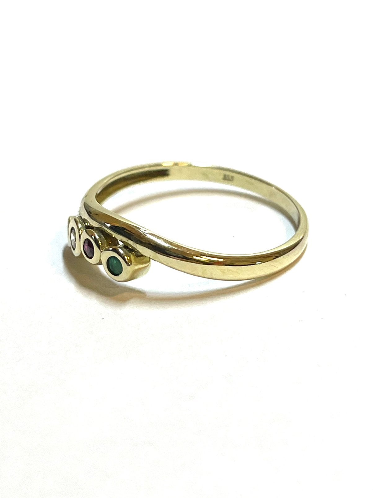 8k gouden ring met saffier, robijn, smaragd en zirkonia, 18 tot 19, -, -, Ophalen of Verzenden