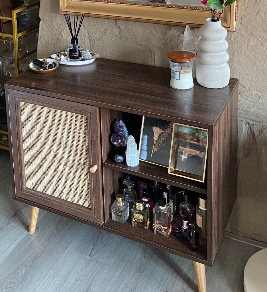 Dressoir houtlook en rotan deur Sweeek, Huis en Inrichting, Kasten | Dressoirs, Ophalen, 50 tot 100 cm, Zo goed als nieuw, 25 tot 50 cm