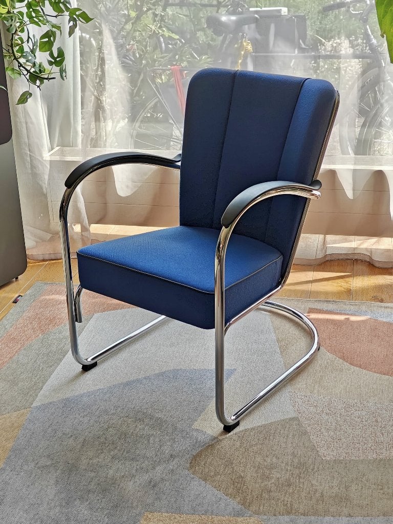 Gispen 412S fauteuil, blauwe wolstof, hoogglans chroom, Huis en Inrichting, Ophalen, 75 tot 100 cm, Zo goed als nieuw, Dutch Design