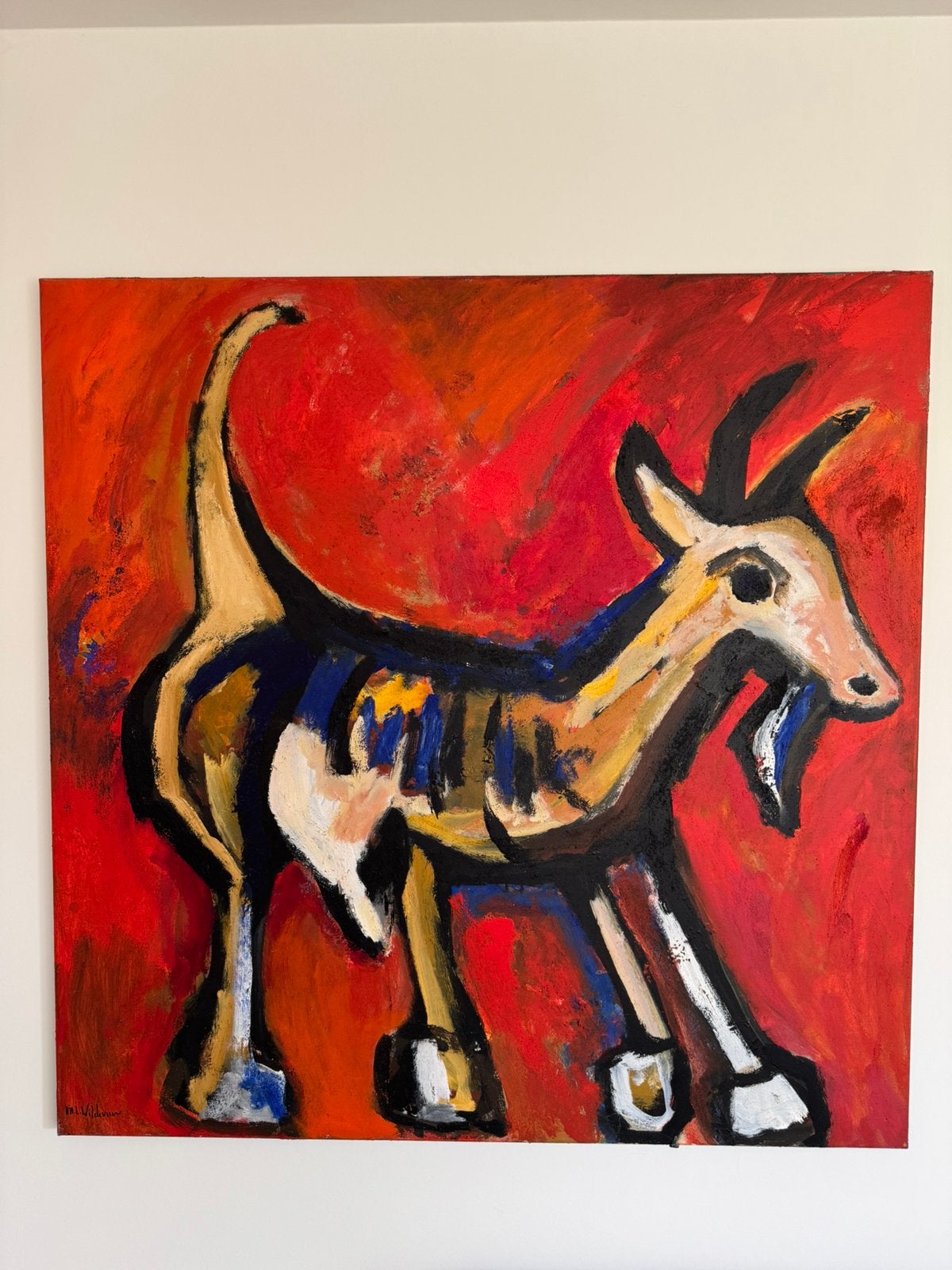 Schilderij van Maya Wildevuur “de bok”, Antiek en Kunst, Ophalen, Handgeschilderd, Dieren, Overige materialen