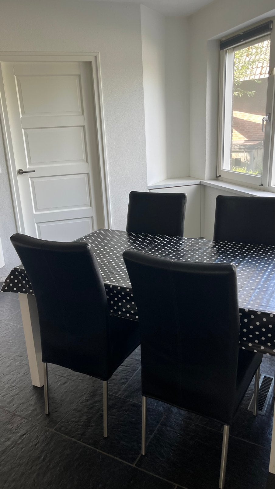 6 Zwarte Leren Eetkamerstoelen met RVS Poten, Ophalen, Gebruikt, Zwart, Leer