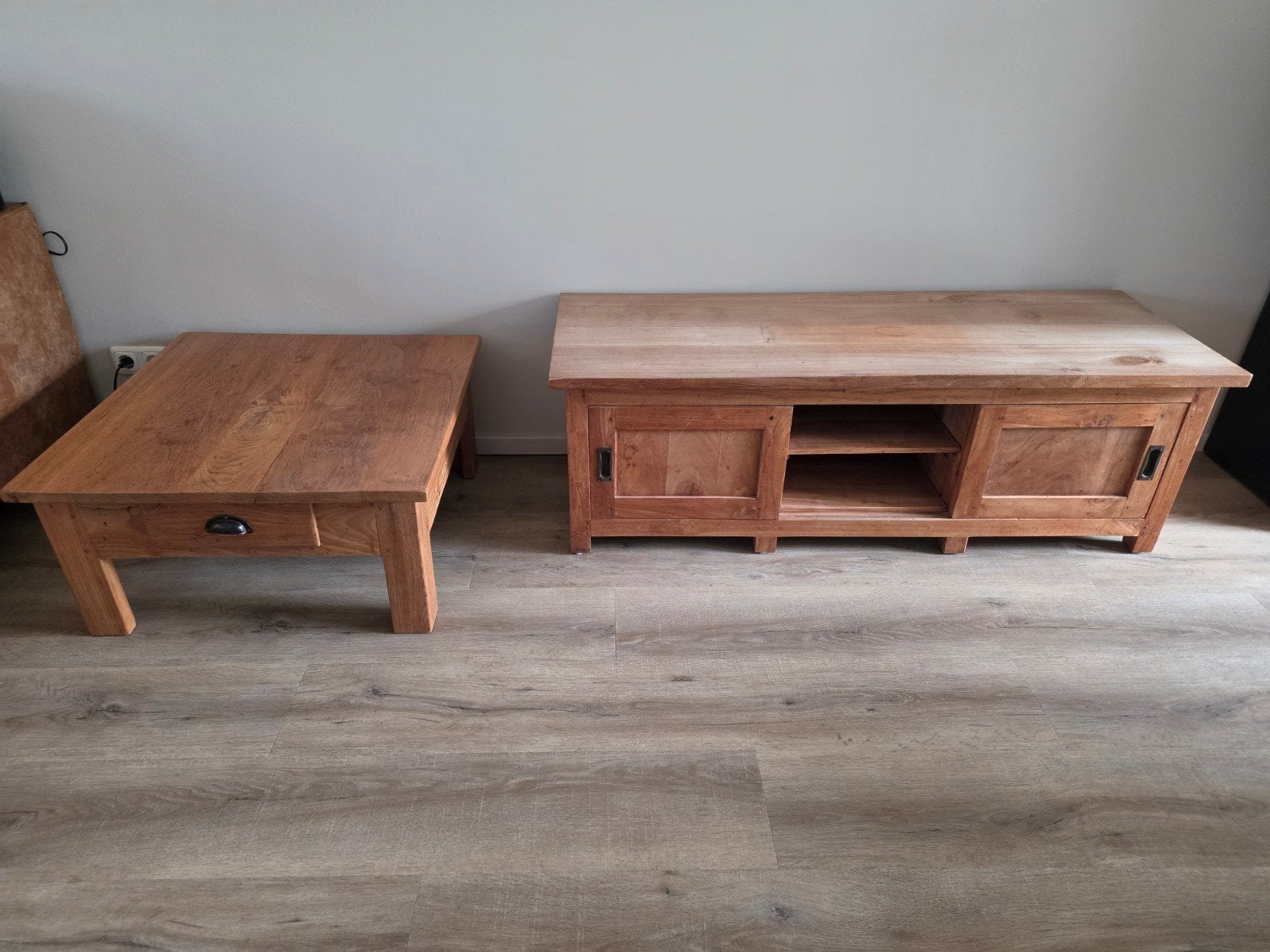 houten teak set salontafel+tv meubel, Huis en Inrichting, Ophalen