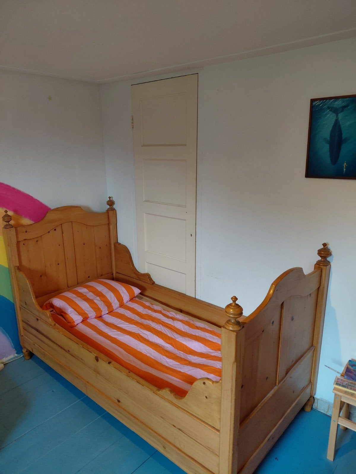 Frans brocante houten bed – 90x190 cm, Ophalen, Gebruikt, 85 tot 100 cm, Lattenbodem