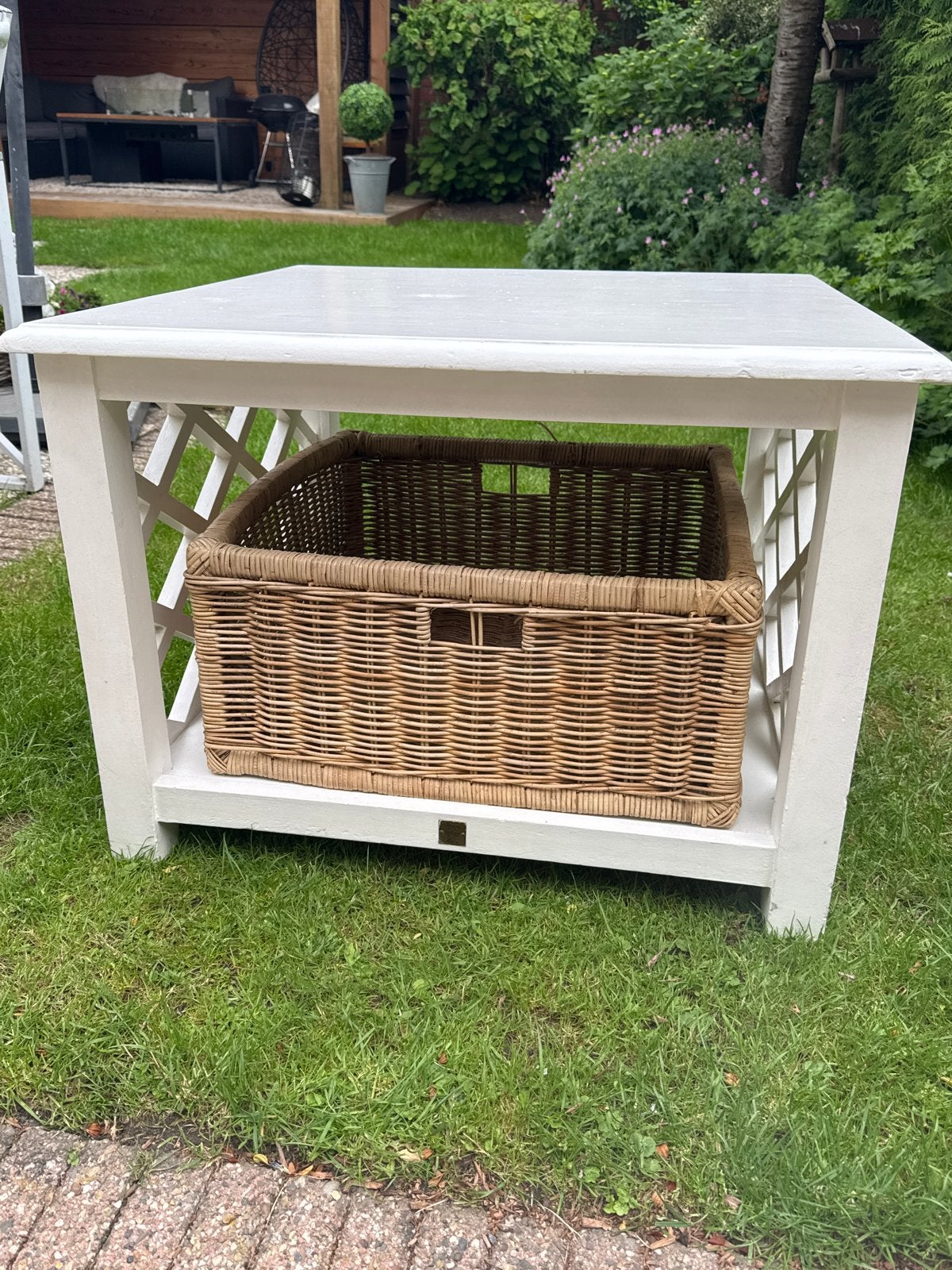 Riviera Maison koffietafel met rieten mand, Ophalen, Minder dan 45 cm, Gebruikt, Vierkant