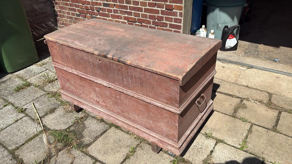 Vintage brocante houten dekenkist op wieltjes 120 cm, Huis en Inrichting, Woonaccessoires | Kisten, Minder dan 50 cm, Gebruikt