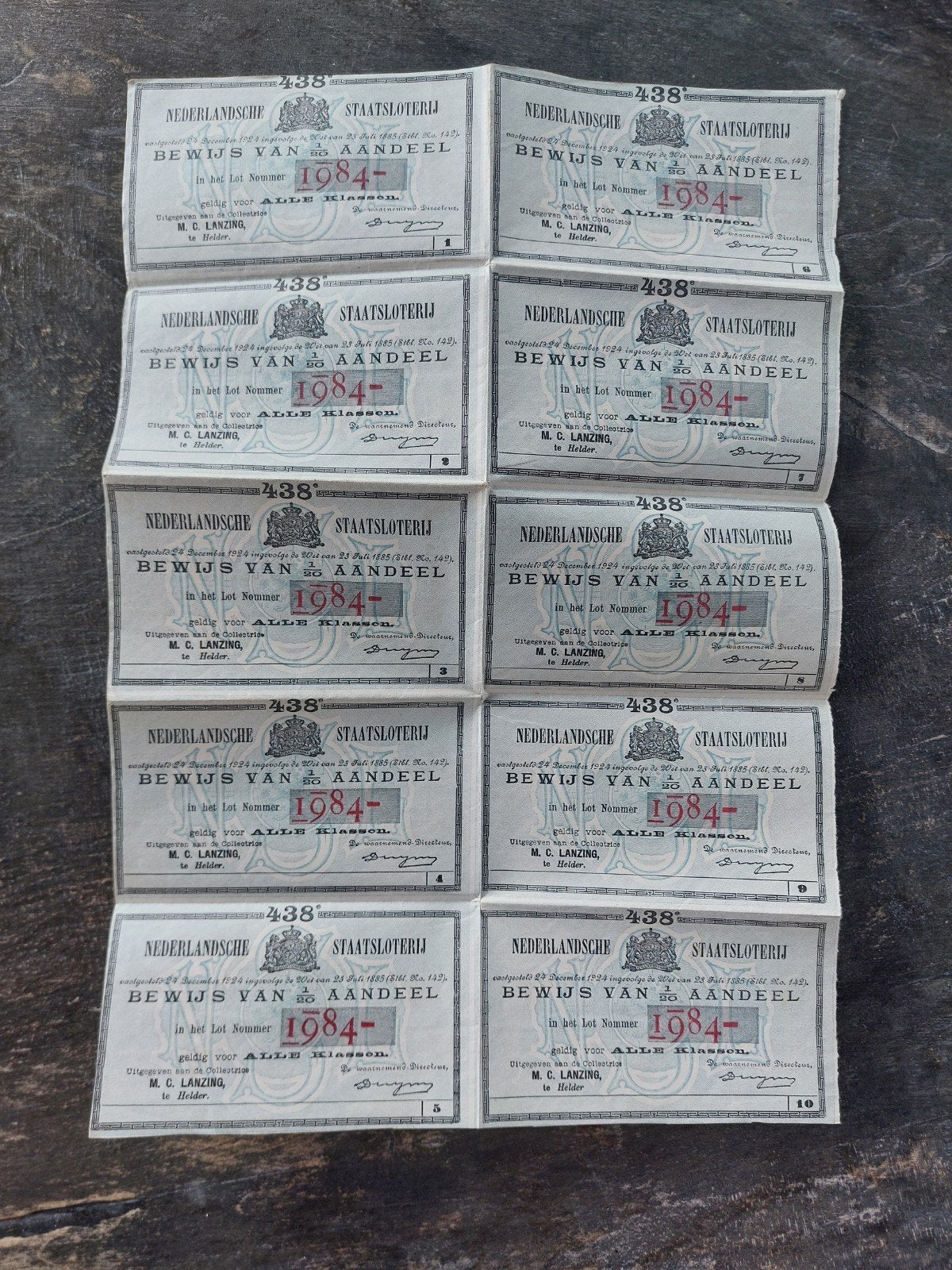 Nederlandse Staatsloterij Bewijs van Aandeel 1924, Ophalen of Verzenden, 1920 tot 1950, Overige typen