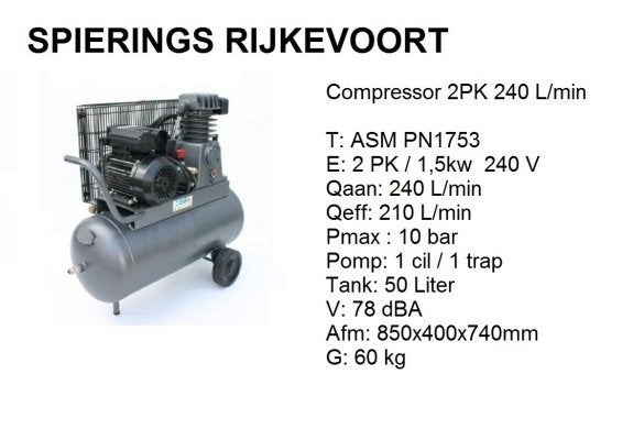 compressor 2 PK 230V 10 bar 240L/M tank 50L Spierings, Niet ingevuld, Nieuw, Ophalen of Verzenden, 25 tot 100 liter