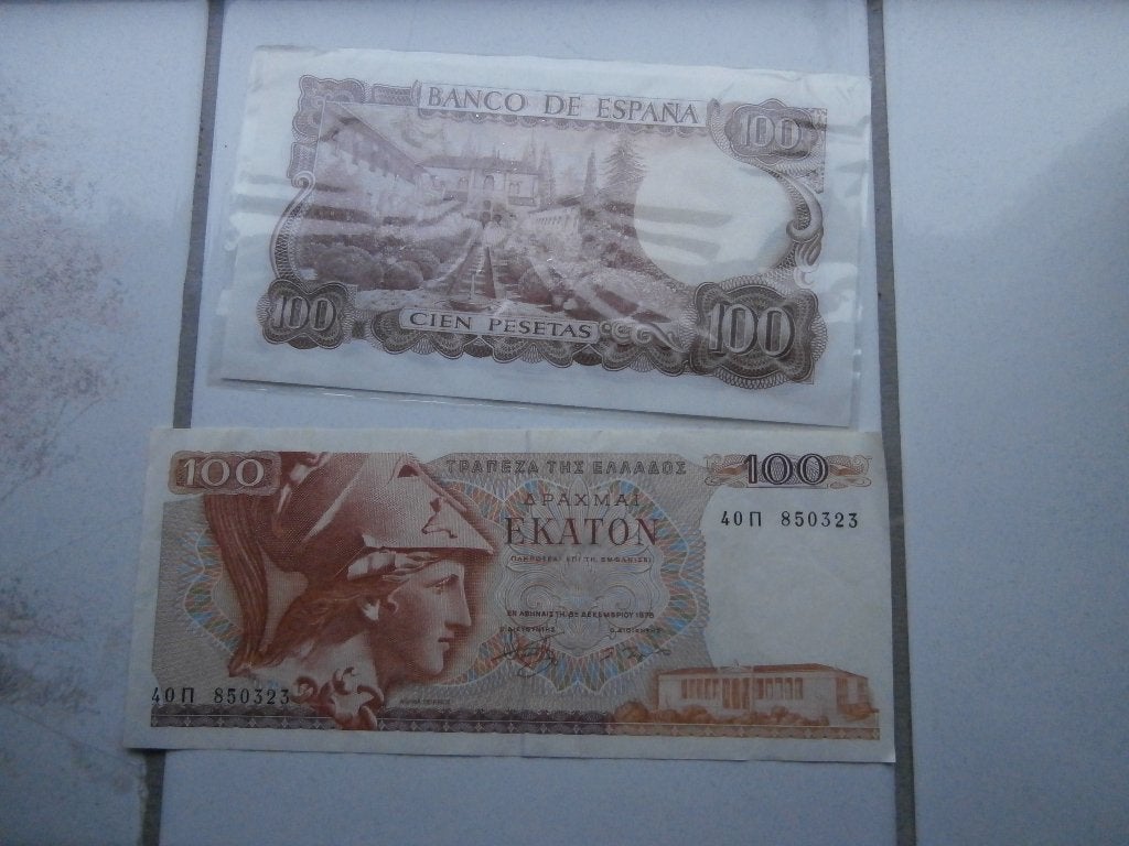 bankbiljet Spanje cien peseta Griekenland 100 drachmei bilje, Ophalen of Verzenden, Overige landen, Los biljet