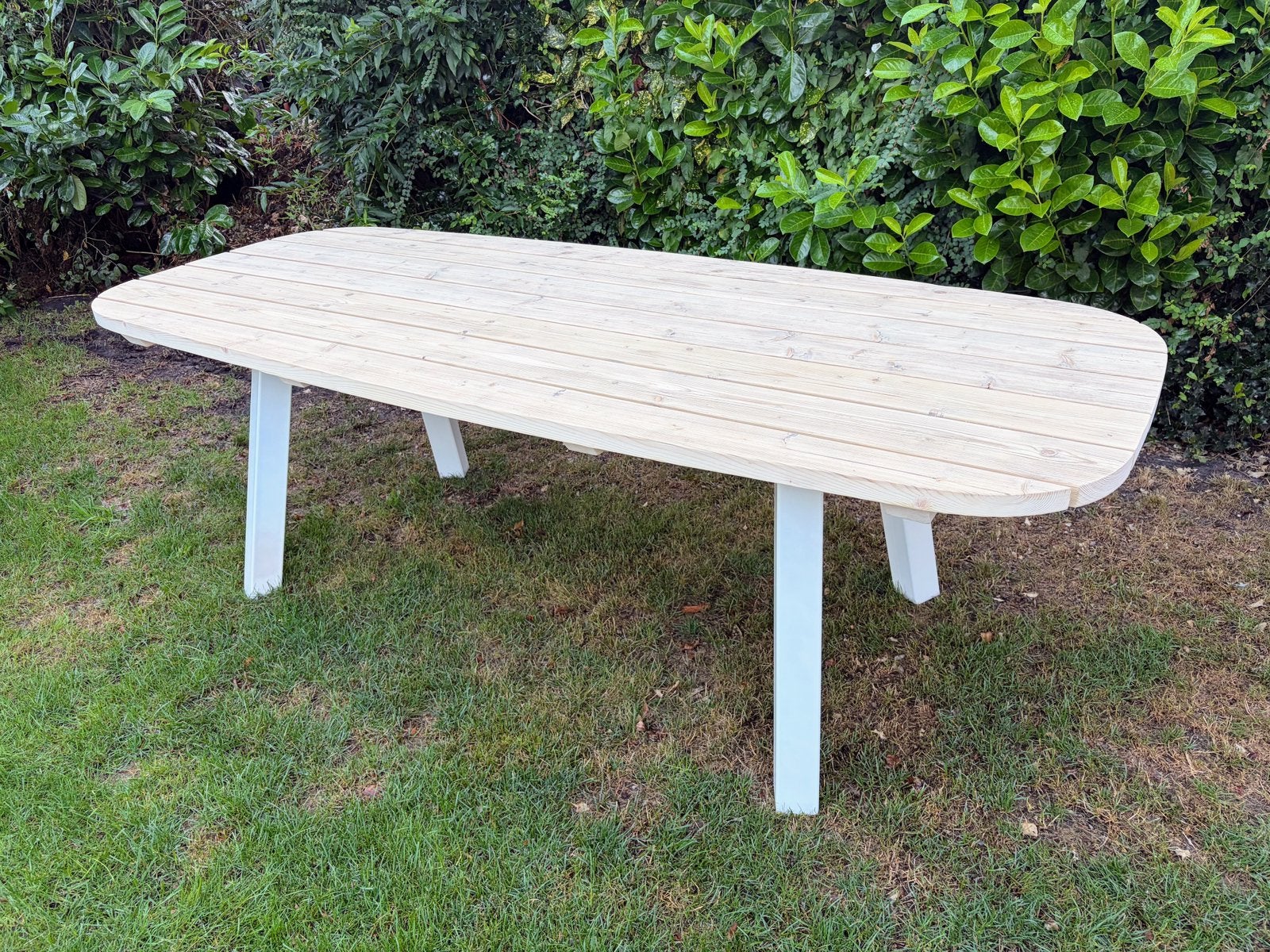 Houten tuintafel deens ovaal stalen witte poten / eettafel, Ophalen, Nieuw, Ovaal, Hout