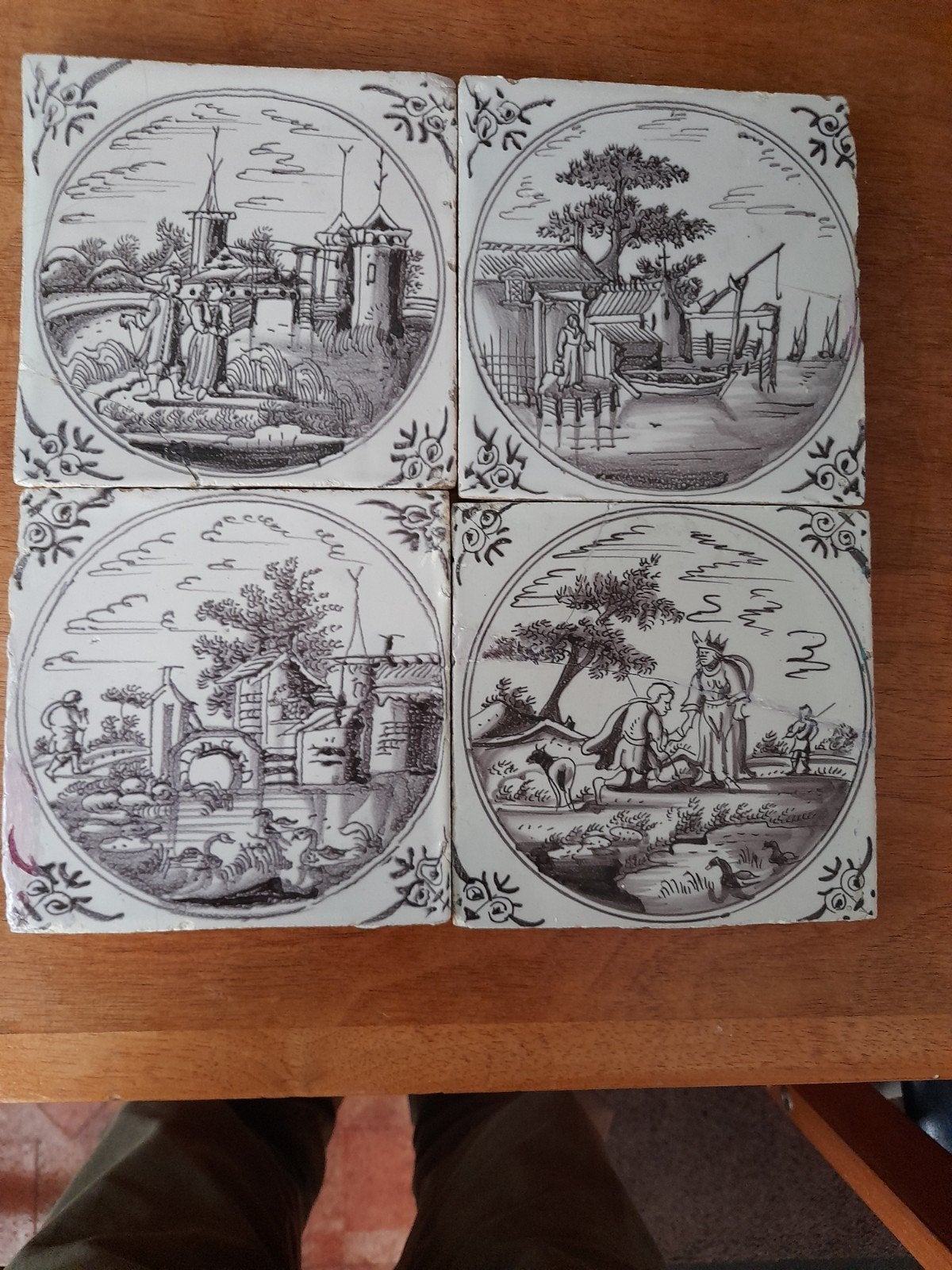 Antieke 18e eeuwse mangaan landschapstegels uit kasteel, Antiek en Kunst, Antiek | Wandborden en Tegels, Ophalen of Verzenden